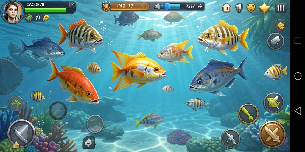 Tampilan gameplay seru saat menembak ikan di laut.