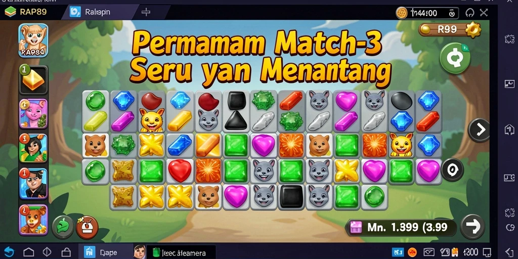 Screenshot gameplay RAP89 menampilkan aksi mencocokkan permata yang seru.